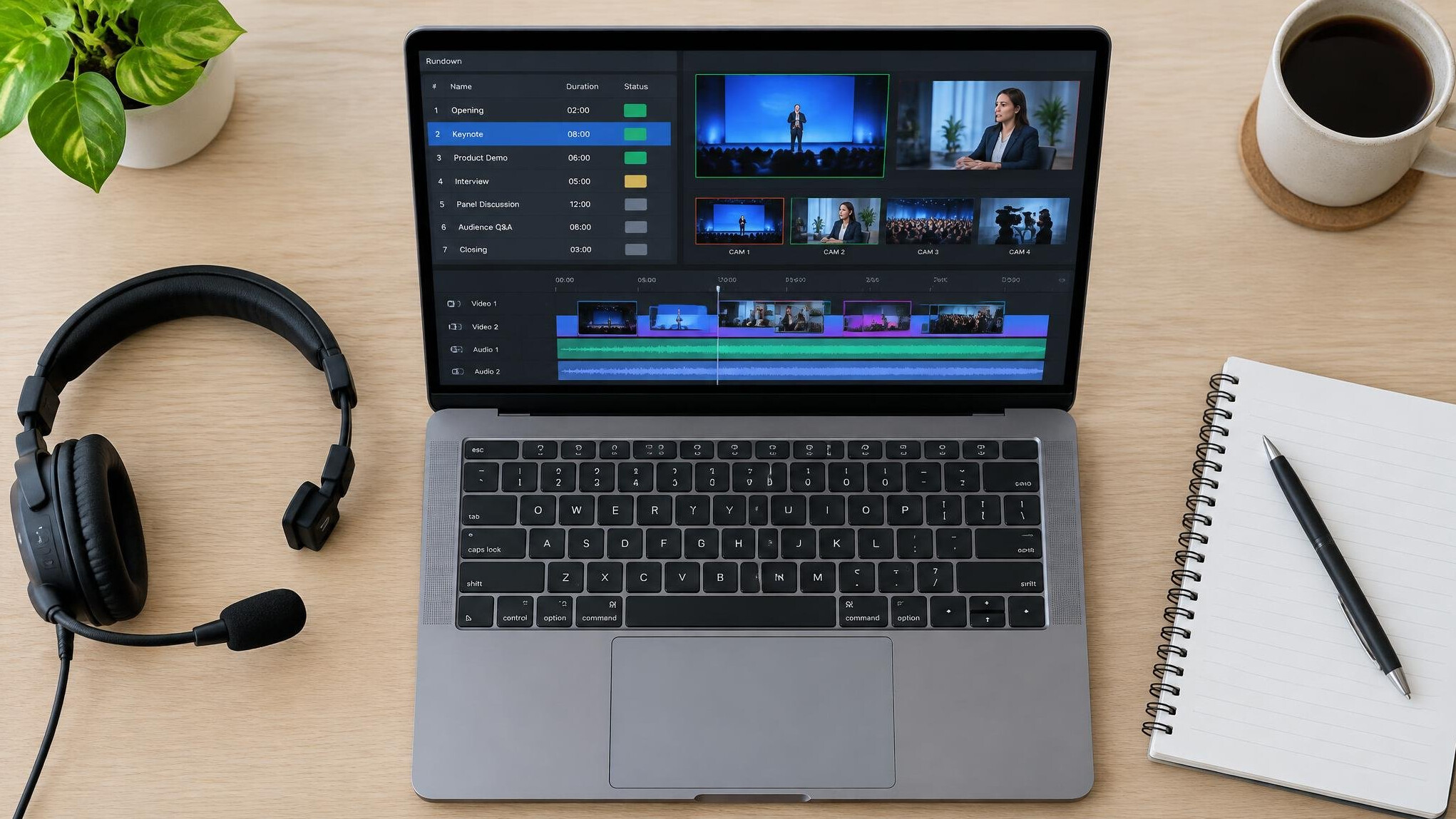 Laptop with video production software next to a headset on a desk
