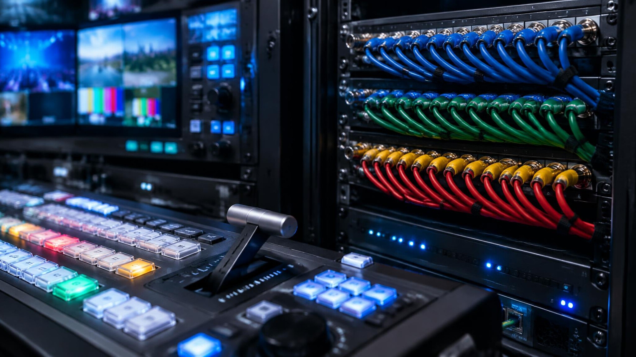 Broadcast video switcher and patch bay with cables