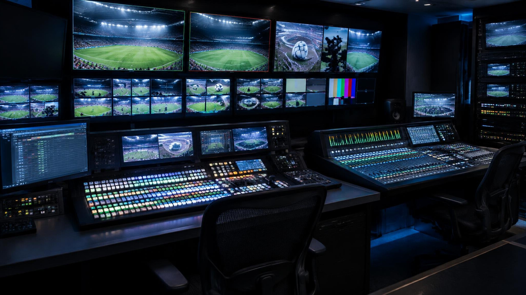 Production gallery with rows of screens and mixing desks