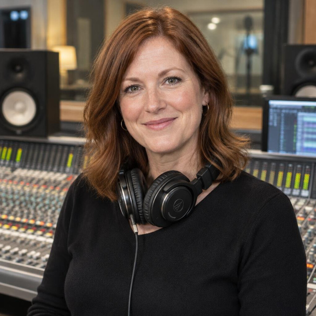 Portrait of a British woman in her 40s with red hair and headphones