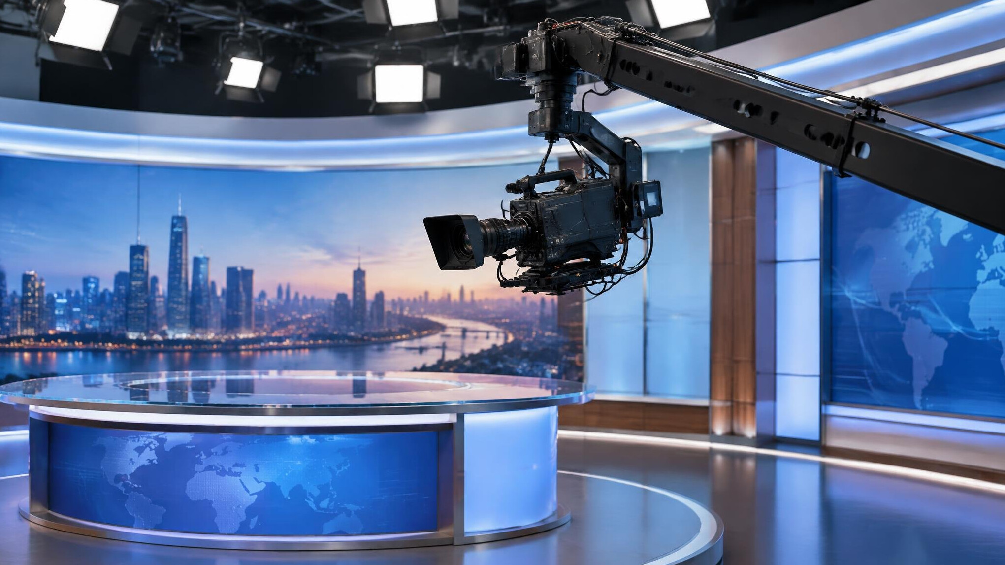 Camera on a jib arm moving over a studio set
