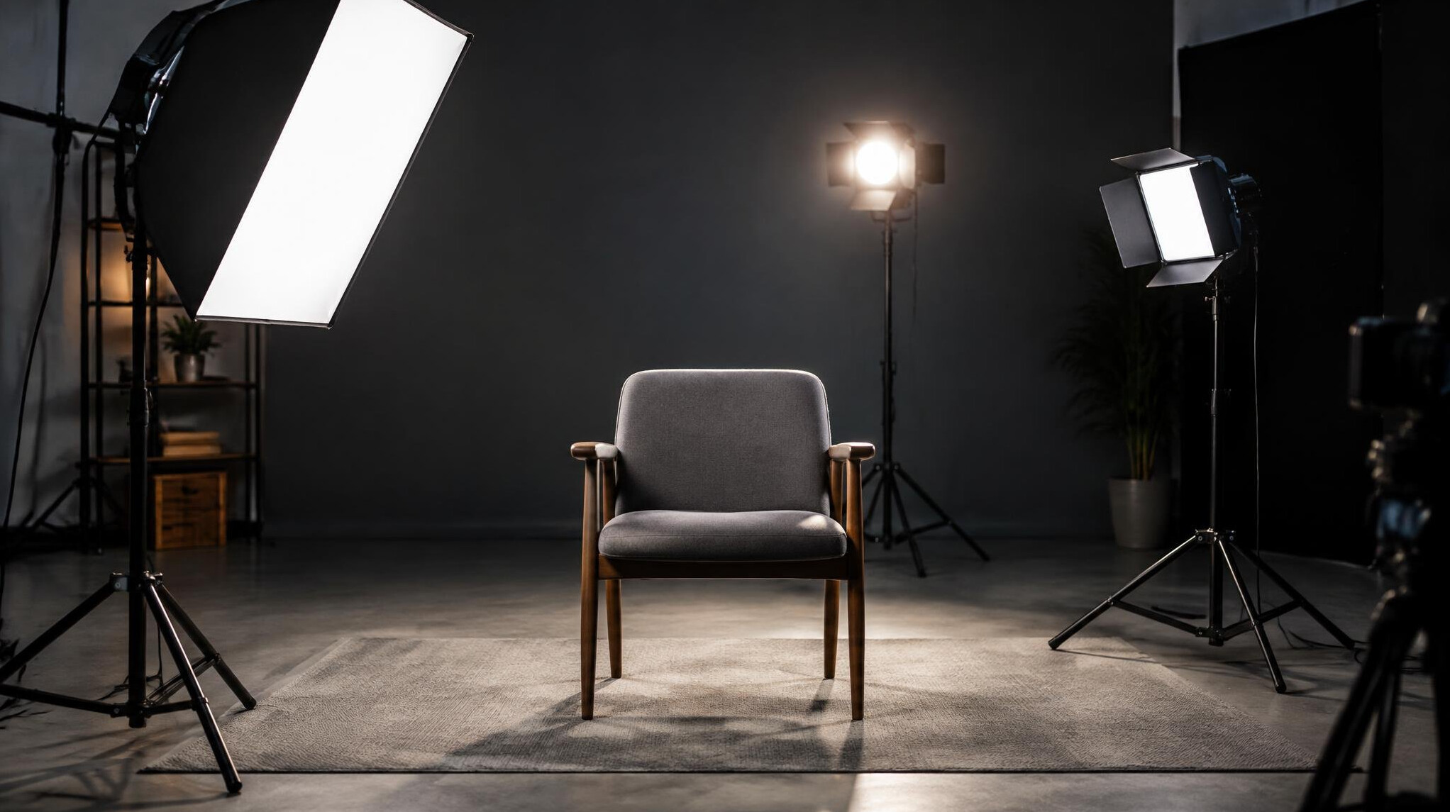 Three-point lighting setup with key light and softbox on a studio set