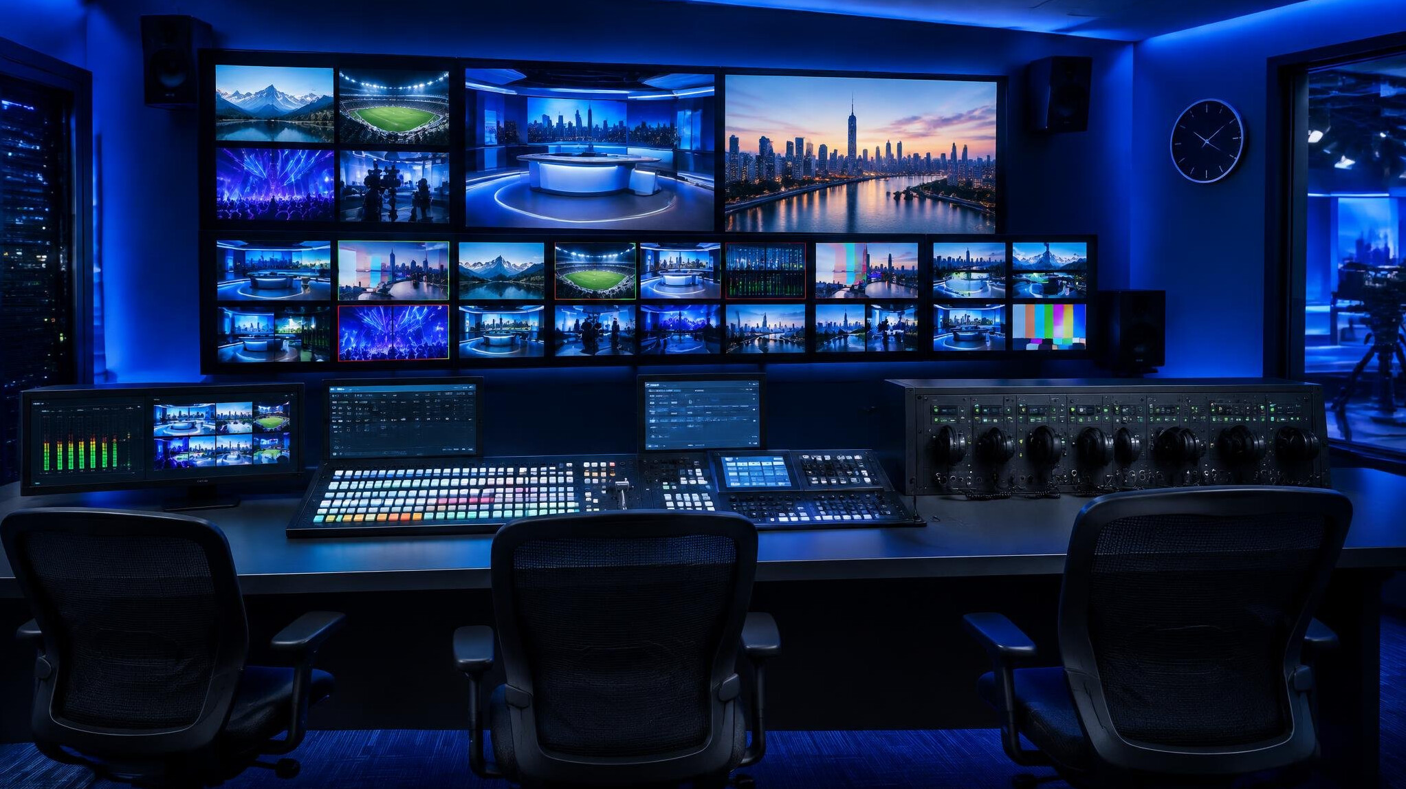 Production control room with a wall of monitors