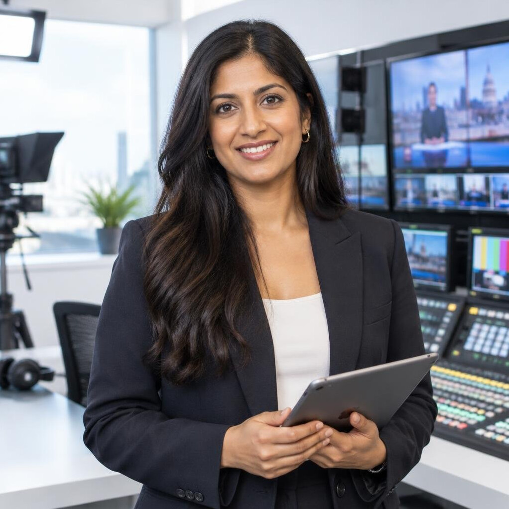 Portrait of a British Indian woman in her 30s with long dark hair