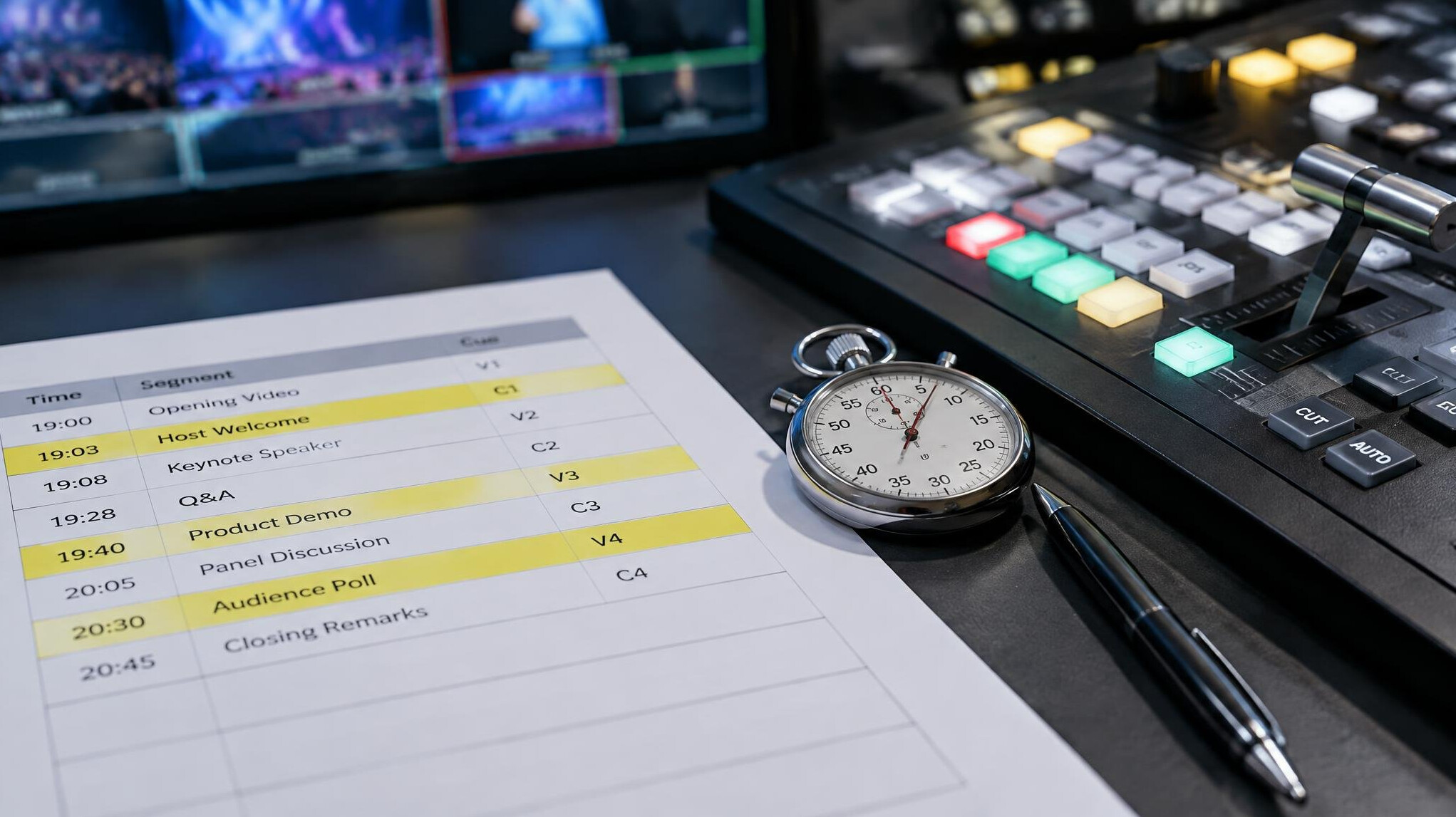 Printed show rundown and stopwatch next to a vision mixer