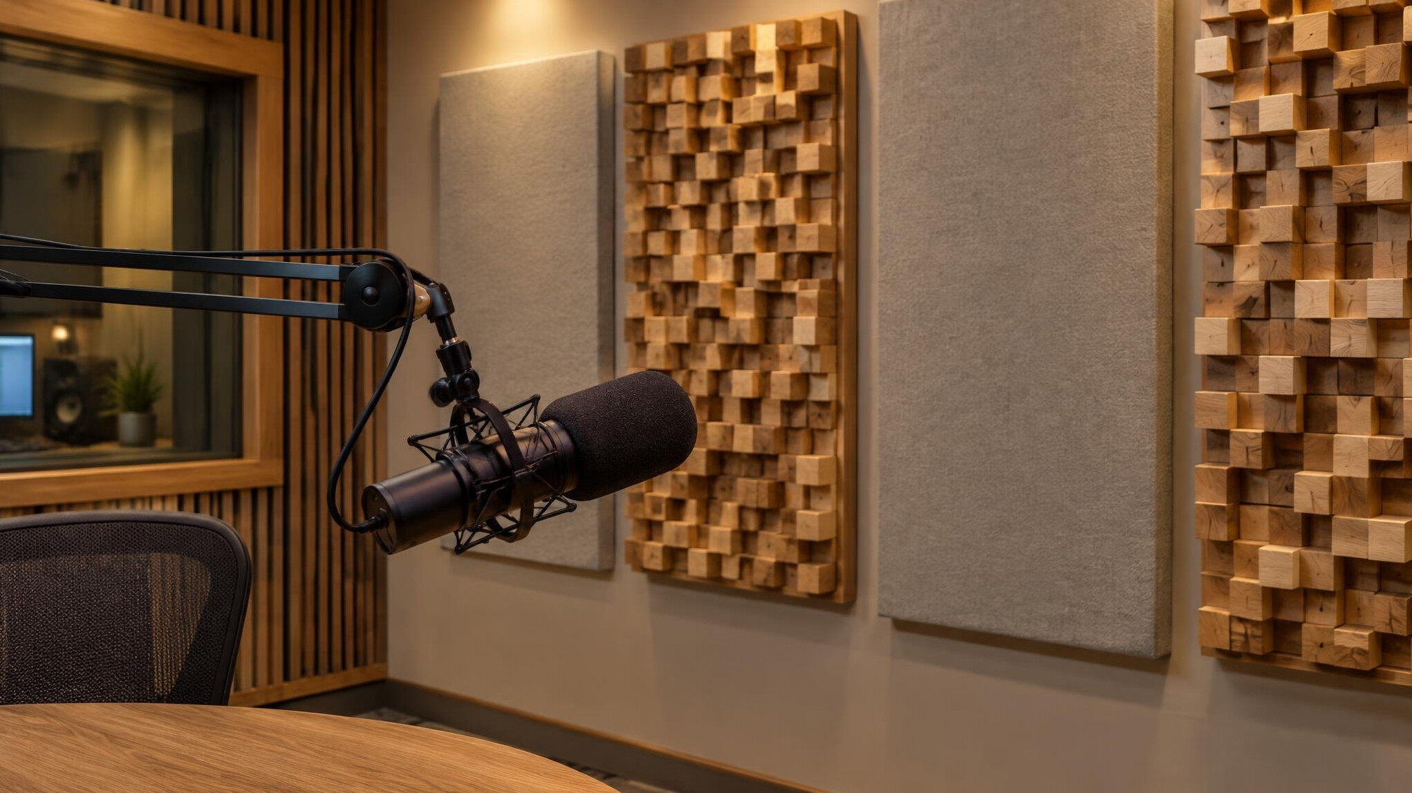 Acoustic foam panels and diffusers on a studio wall