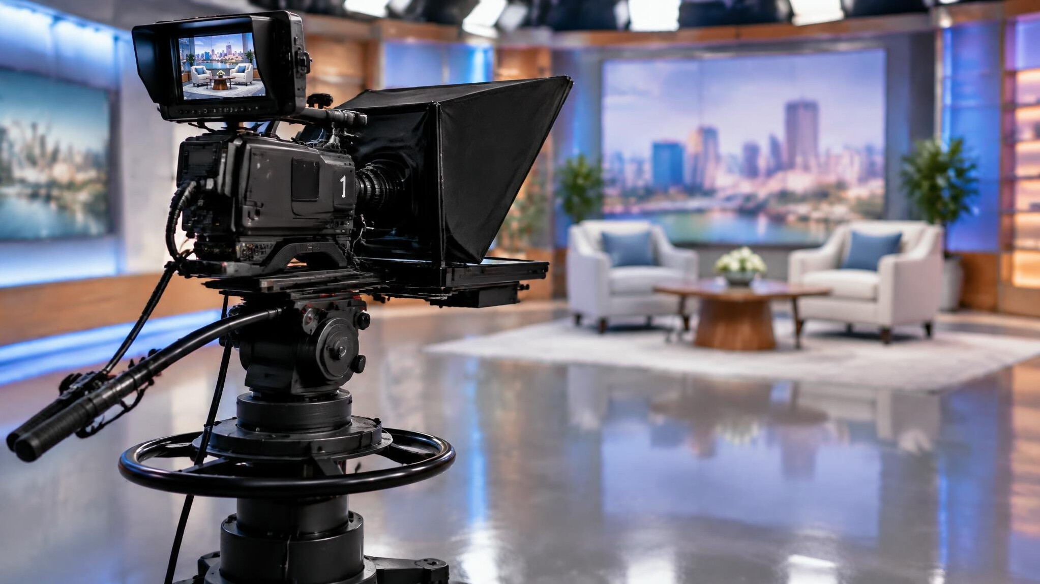 Studio pedestal camera with teleprompter on a studio floor