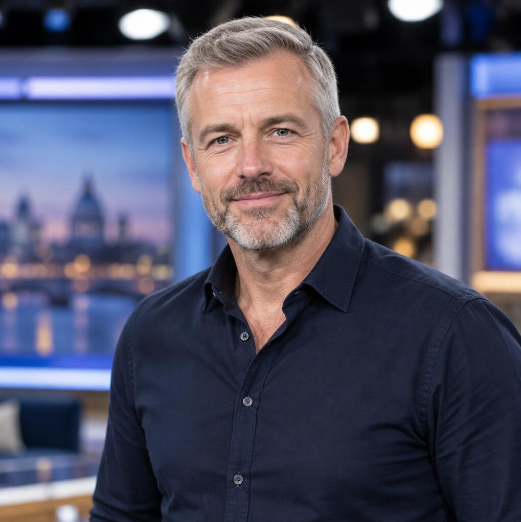 Portrait of a British man in his 40s with short grey hair in a studio