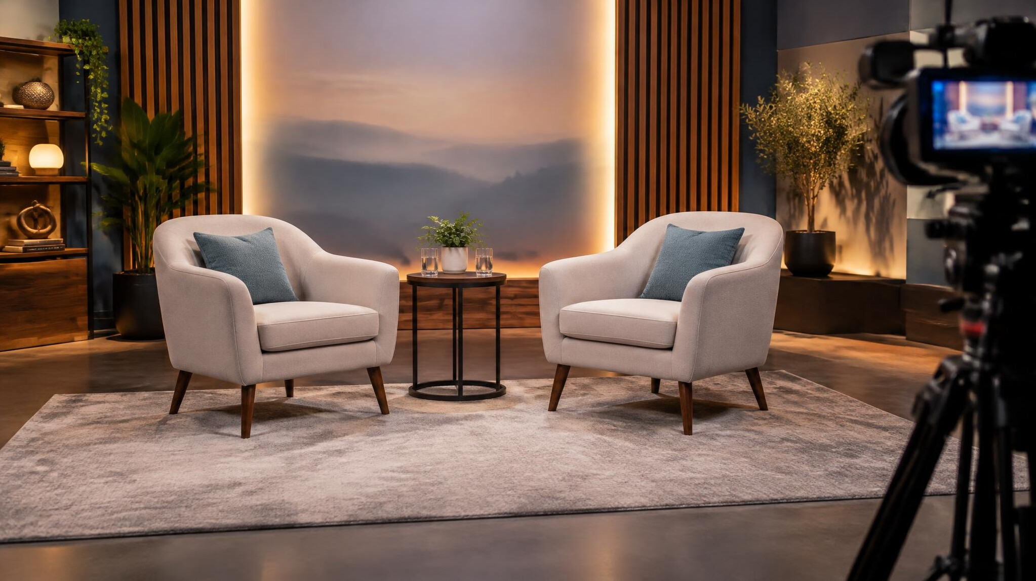 Empty television interview set with two armchairs