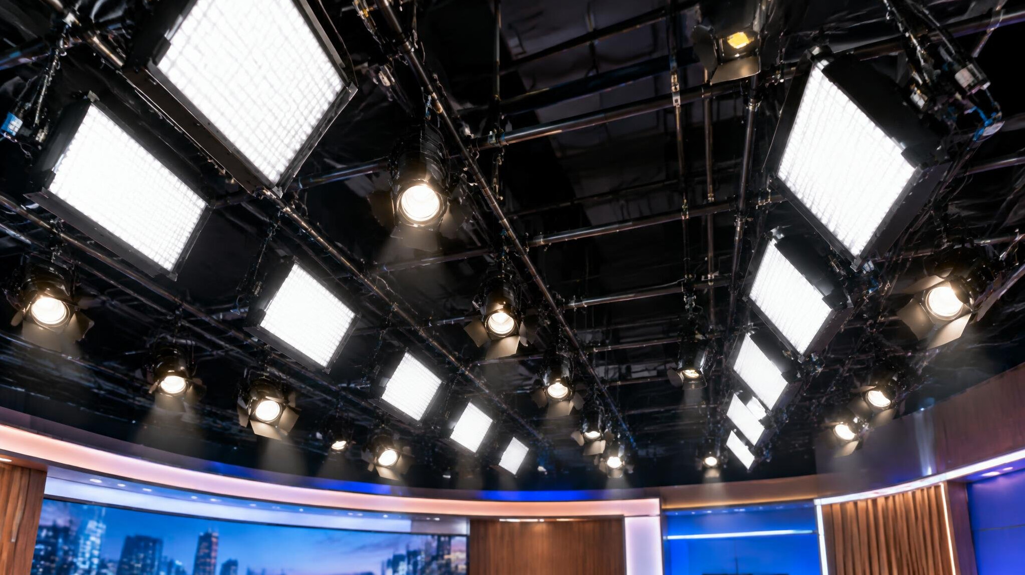 LED panel lights hanging from a studio lighting grid