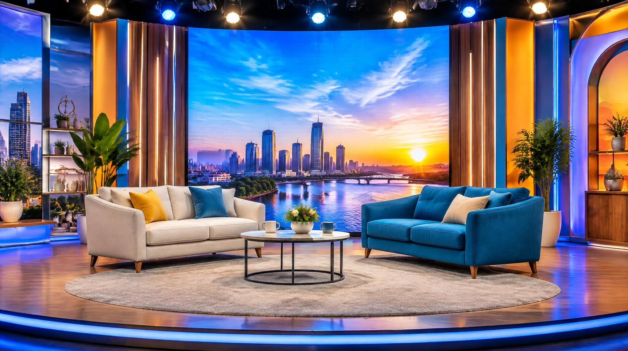 Live entertainment show set with LED screen and sofas