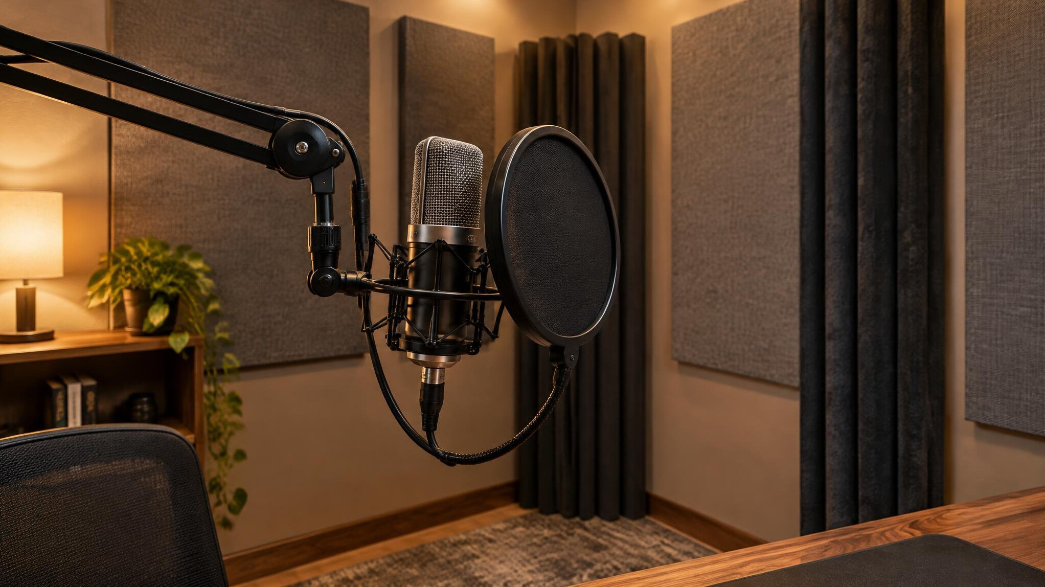 Podcast style microphone on a boom arm in an acoustically treated room