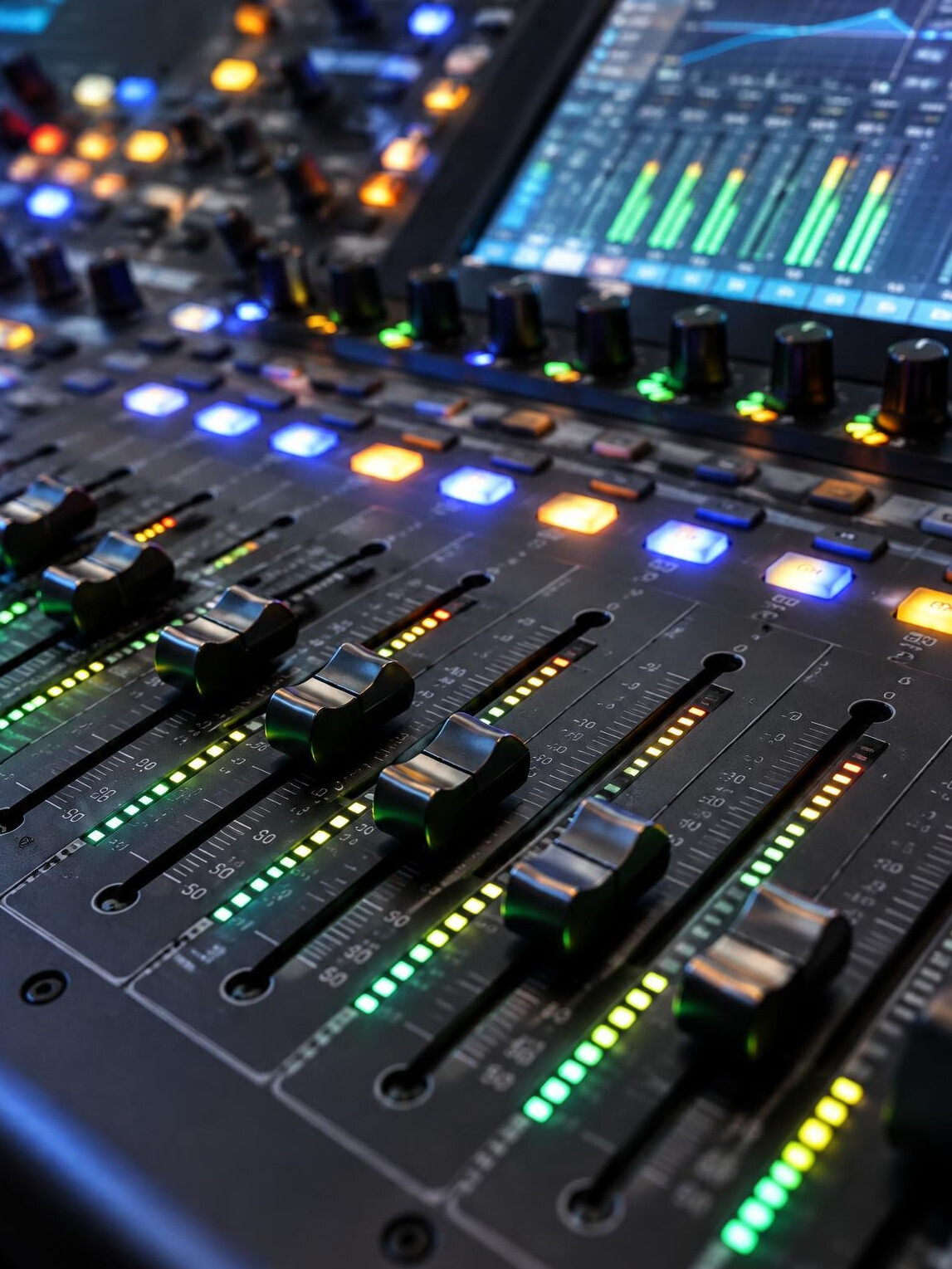 Audio mixing console with faders and knobs